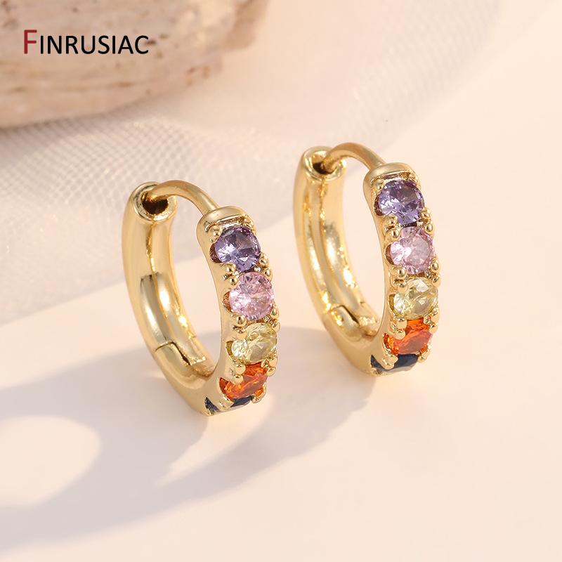 Luxury Rainbow Zircon Hoop Earrings For Women 14K Gold Plated Brass Round Huggie Earrings Wedding Jewelry Gift