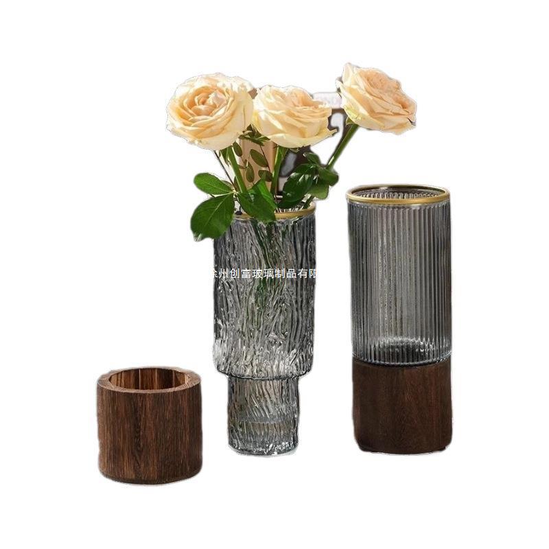 Creative Wooden Holder with Glass Vase for Dried Flowers, Hydroponic Setups, or Lucky Bamboo – Living Room Decor Ornament