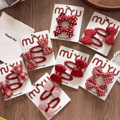 2pcs/set Red Color Korean Fashion Kids Girl Hair Clip Sweet Dot Plaid Bow Barrettes for Children Hedawear Hair Accessories