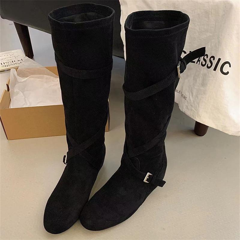 Stacking boots retro matte suede inner heightening cross belt buckle boots comfortable western cowboy high boots