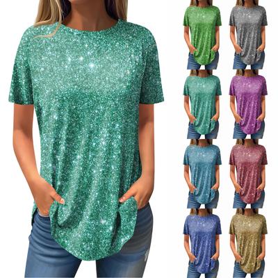 Women's Fashion Casual Round Neck Sequin Printed Short Sleeve Pullover T-Shirt Top