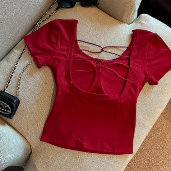 Spicy Girl Backless Hollow Short Sleeve Top with Chest Pads - Women's Petite Summer Design