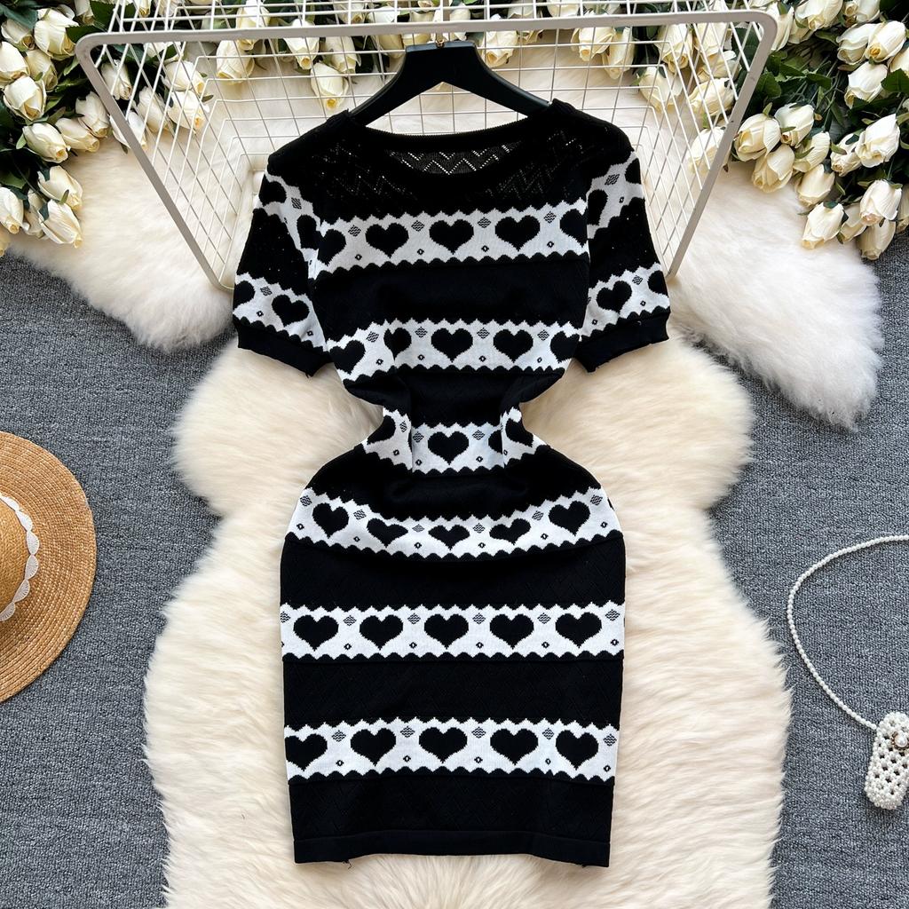Summer Women Sweet Knitted Heart Slim Bodycon Girls Sheath Sweater Dresses