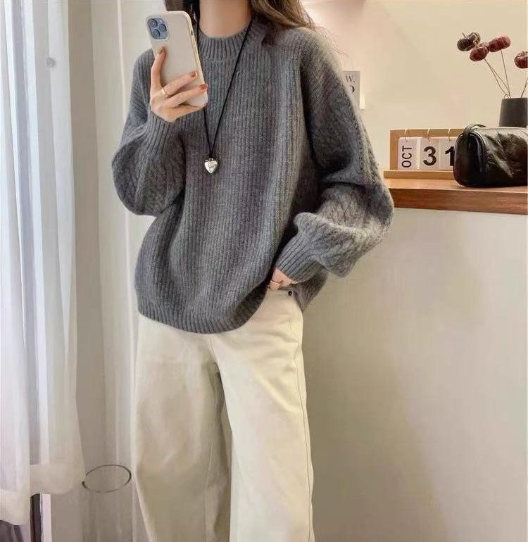 Women's Heavyweight Wool Round Neck Sweater, Autumn/Winter Korean Style, Twisted Cable Knit, Long Sleeve, Warm Cashmere Base Layer