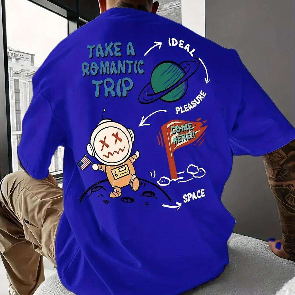2025 Summer Men's fashion 100% cotton short sleeve T-shirt Romantic space theme printed casual loose T-shirt