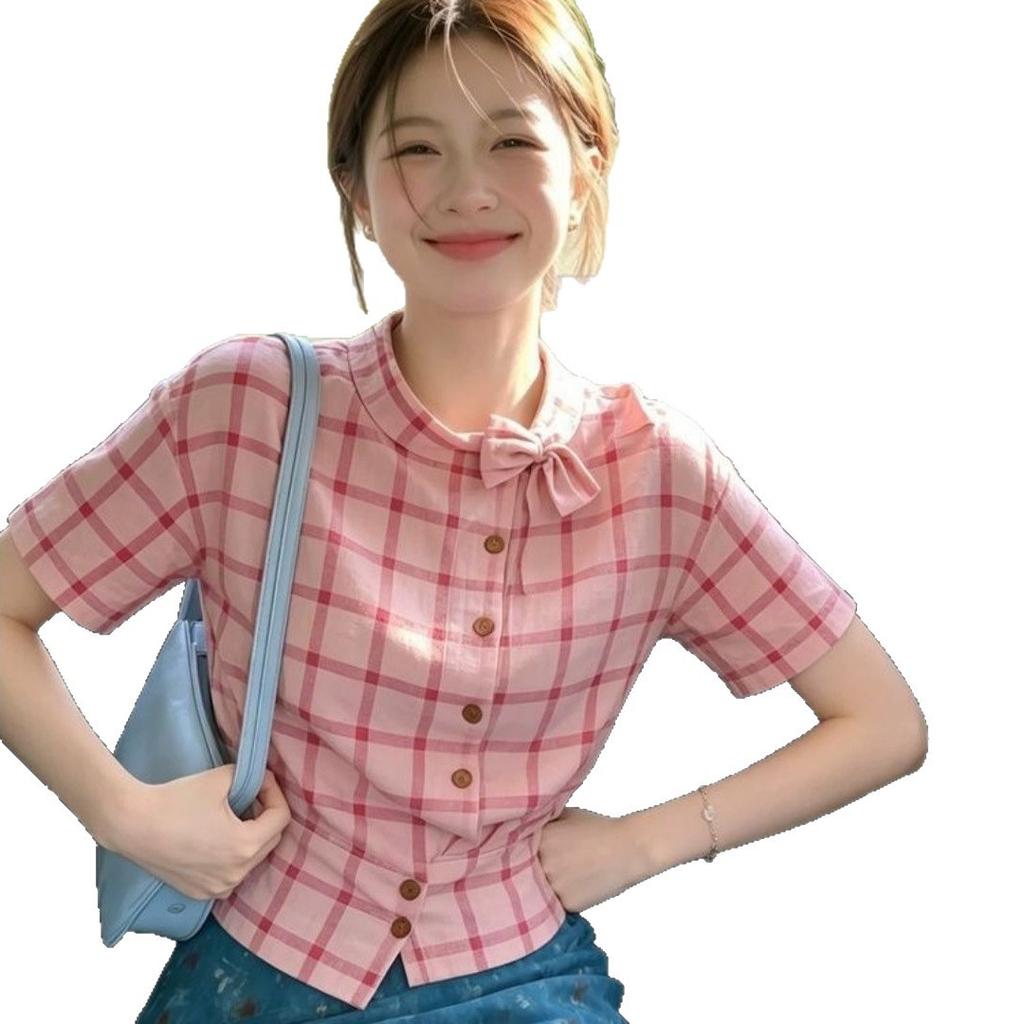 Summer new sweet style bow pink plaid short-sleeved shirt women's design sense slim and thin versatile top