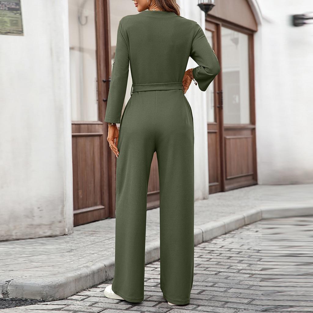 Damen Modischer Einfarbiger High Waist Button Up Langarm Lockerer Jumpsuit