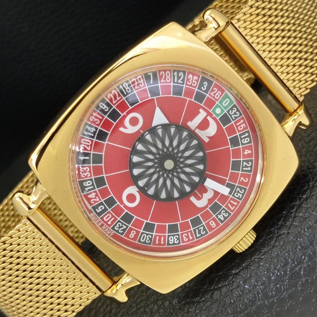 

VINTAGE HAND-WINDING SWISS MENS REFURBISHED ROULETTE RED DIAL WATCH a701115-5 R205b-a701115
