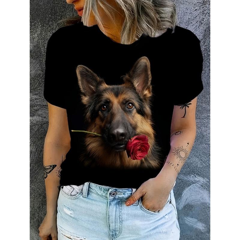 Women's Tops Trend T Shirt 3D Dog Graphic Printing Summer Breathable Round Neck Short Sleeved Top Fashion Clothes for Woman