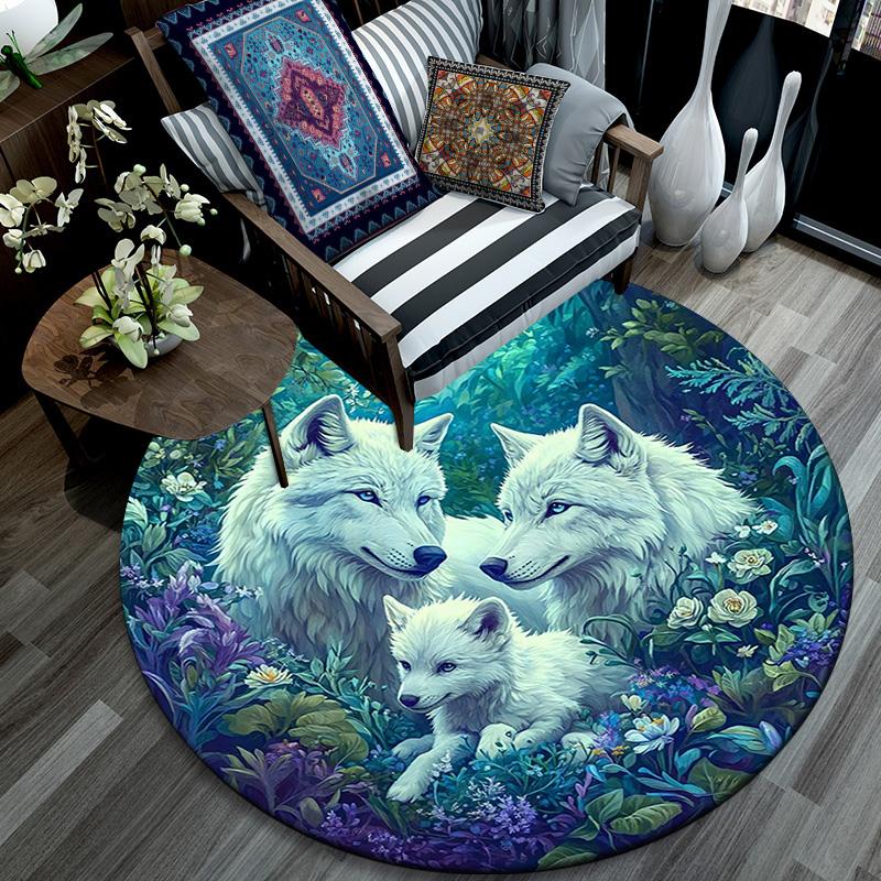 Wolf Family Round Area Rug,Carpet Rug for Living Room Bedroom Sofa Playroom Decor,Non-slip Floor Mat