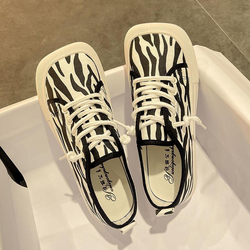 Wide Feet Square Toe Canvas Loafers Women's Leisure Lace Up Sneakers Platform Leopard Zebra Print Shoes Student Running Shoes