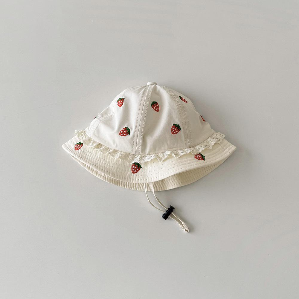 

Baby Bucket Hat 48cm 5-20 Months Spring Summer Kids Hats Beret Embroidered Strawberry Lace Girl Boy Sun Cap Breathable Cute 48cm білий