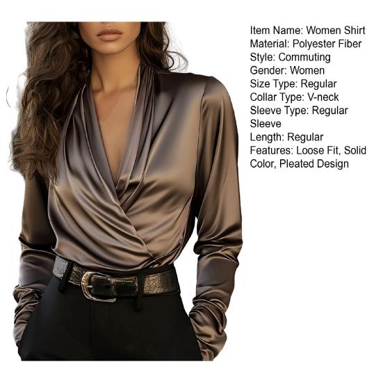 Damen Shirt V-Ausschnitt Langarm Plissee-Design Pullover Tops Einfarbig Lockere Passform Drei