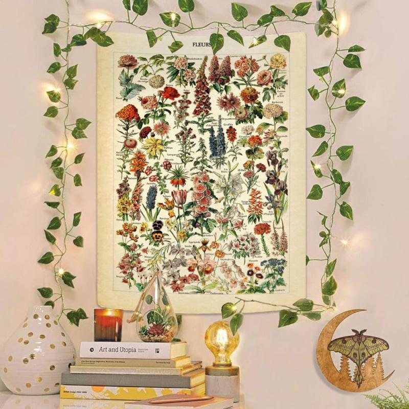 VIKAMA Illustrated Botanical Tapestry Vintage Floral Tapestry Long Vertical Wall Hanging Bedroom Floral Decorative Hanging