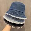 Denim Bucket Hat Women's Spring and Autumn Models Rough Edge Versatile Washbasin Hat Internet Celebrity Literary Outdoor Sun Hat