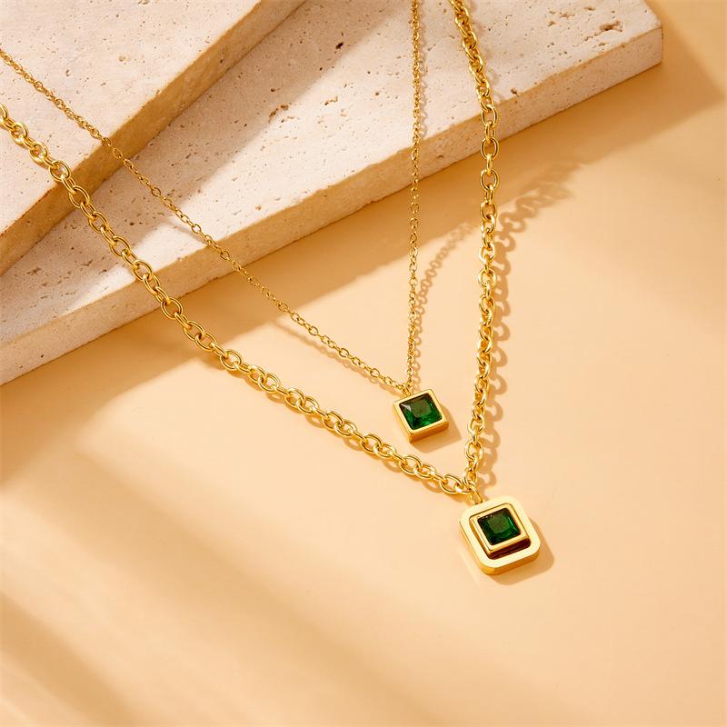Gold Square Emerald Cz Jewelry Set Necklace Bracelet Hoop Earrings