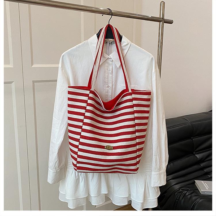 Striped Canvas Double-sided Usable Bag, Tote Bag, Casual Shoulder Bag, Large Capacity Shopping Bag