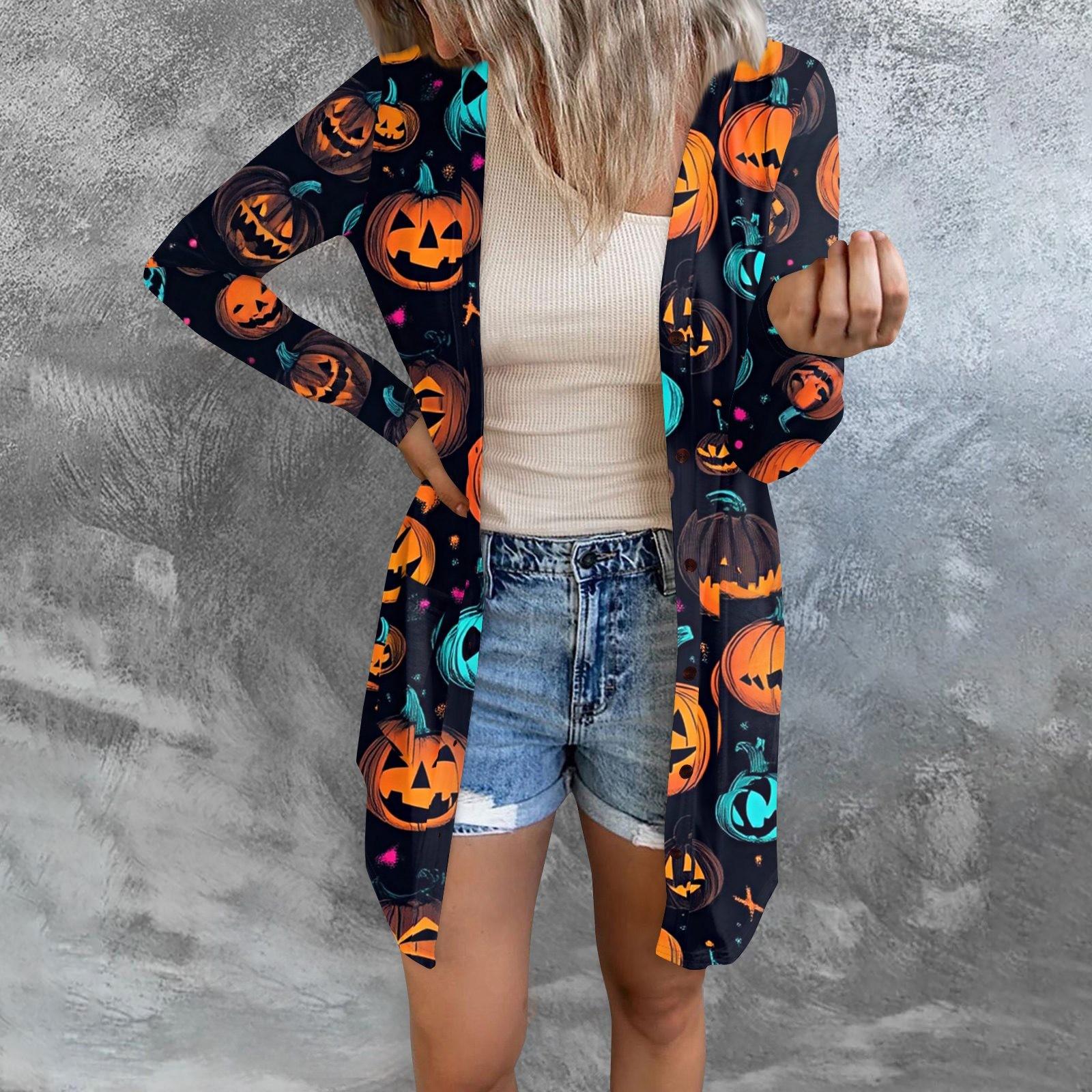 

Женский повседневный кардиган, топ с длинными рукавами и карманами с принтом на Хэллоуин L жёлтый