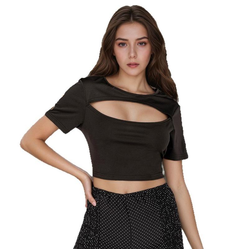 

Женский летний модный однотонный топ с круглым вырезом и пирсингом на груди XL чёрный