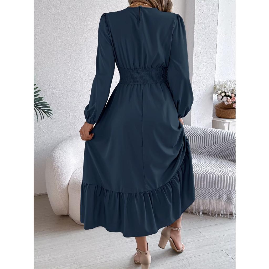 Autumn and Winter Casual Elegant Solid Color Round Neck Long Sleeved Waist Cinched Lotus Leaf Edge Dress Women Clothing
