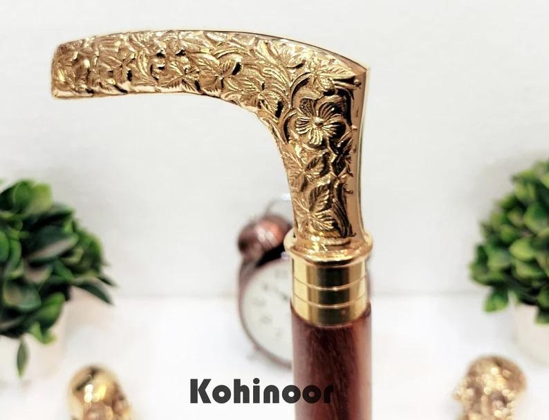 Walking Cane: Brass Flower Handle, Foldable Wooden Stick