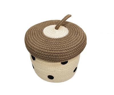 Cotton Storage Basket with Lid, Round, Lightweight, Scandinavian Style, Hand-knitted, Natural Finish, 20 X 18 Cm. Ideal for Storing Small Items, Cosme