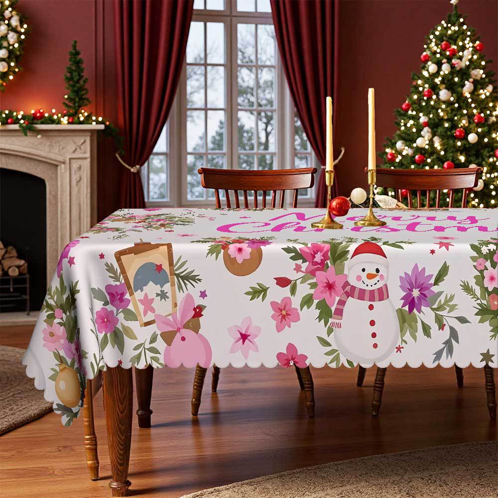 Christmas Tablecloth, Dream Pink Merry Christmas Floral Snowman House Gift, Table Cloth