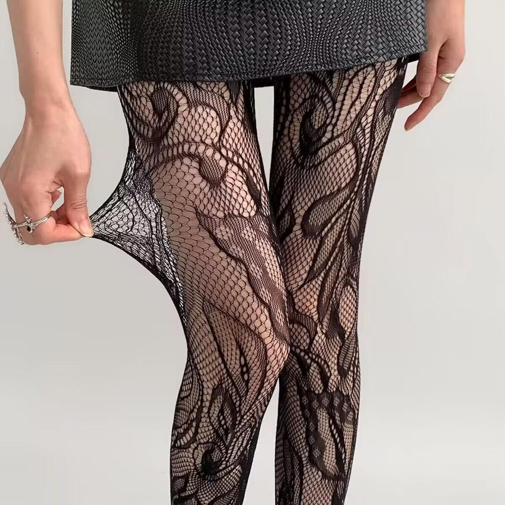 Retro Floral Jacquard Fishnet Stockings, Y2K Black Anti-Snag Stockings for Women