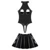Body da donna in vernice per clubwear con scollo all'americana, stile senza cavallo, gonna a balze attaccata, dettaglio con cerniera, outfit da sera