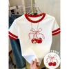 Women's Y2k Cherry Bow Graphic Printed T-shirt Round Neck Fashion Streetwear Top Summer Women's Casual T-shirt