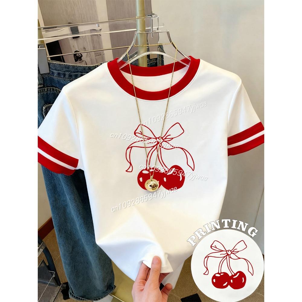 Women s y2k Cherry Bow Graphic Printed T-shirt Round Neck Fashion Streetwear Top Summer Women s Casual T-shirt M