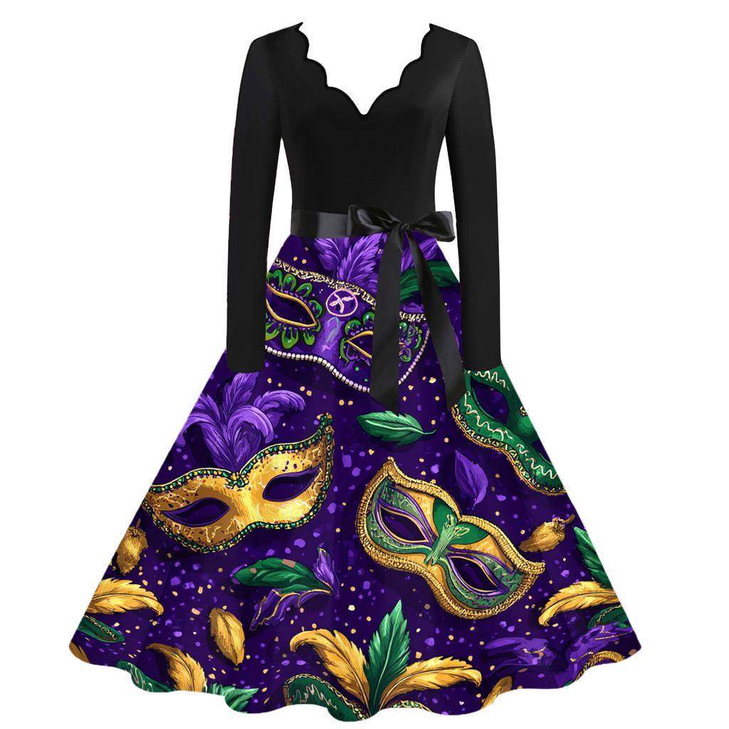 Women's Casual Fashion V Neck Carnival Printed Vintage Dress