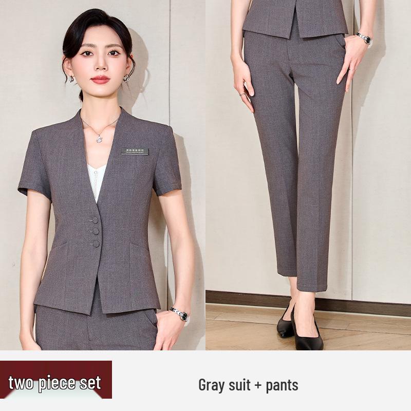 Women's Blue Short-Sleeve Professional Suit Set for Hotel Manager or Receptionist - Spring/Summer Formal Workwear