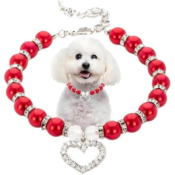 Hot Pink Pearl Dog Necklace, Beaded Cat Collar with Cute Crystal Heart Pendants Girl Dogs Necklace with Diamond Rhinestone for Puppy Small Medium