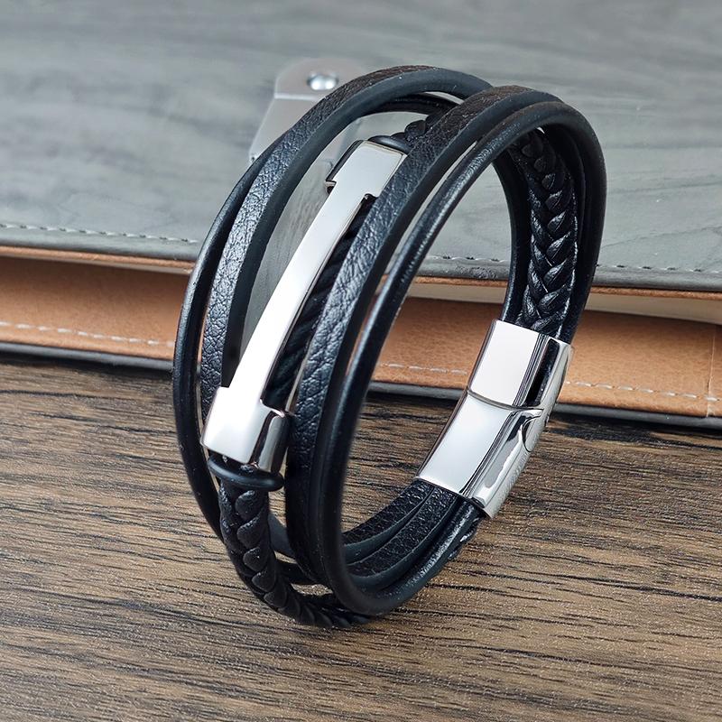 Charm Black Leather Multi-layer Rope Woven Men's Bracelet Stainless Steel I-shaped Magnetic Buckle Men's Jewelry Gift Bracelet