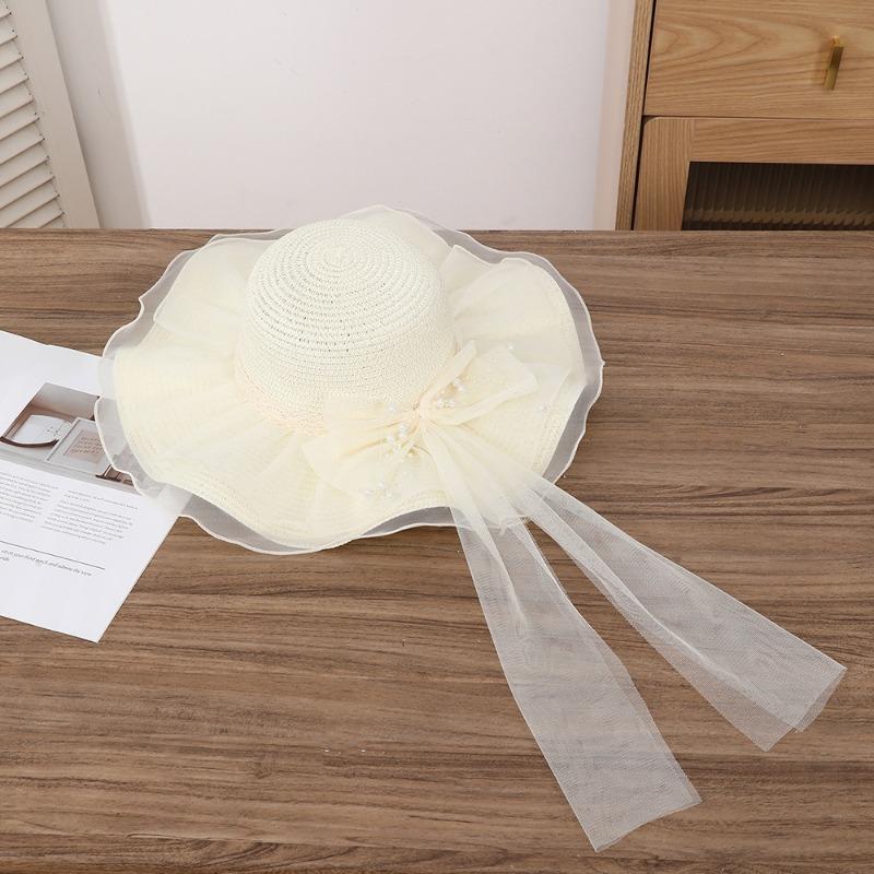 Summer Bow Sun Hat Female, Seaside Beach Vacation Sun Hat Outdoor Big Brim Sun Hat Sweet Straw Hat
