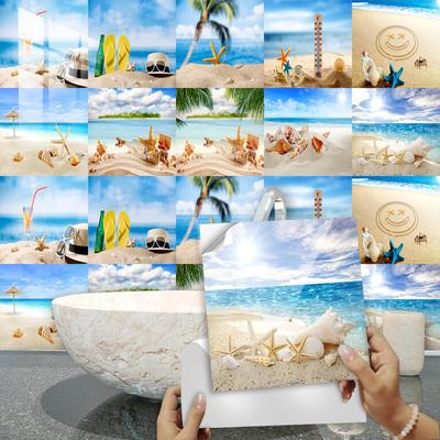 Beach Scenery Shell Tiles Sticker Kitchen Wardrobe Washbasin Wall Decals Home Decor Self-adhesive Waterproof Art Wallpaper10pcs