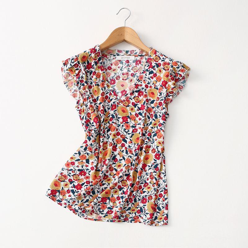 

Export Export Pure Yuan Fresh Print Ruffle V-neck Sleeveless Shirt Vest T-shirt Summer Thin Viscose Tops Flower color 38