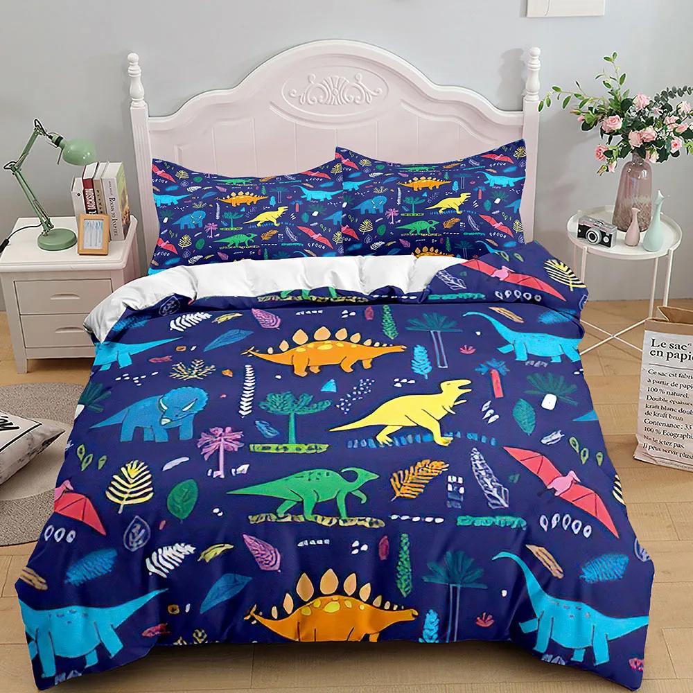 Cartoon Dinosaur Duvet Cover King Queen Size Colorful Jurassic World Animals Theme Bedding Set Kids 2/3Pcs Polyester Quilt Cover