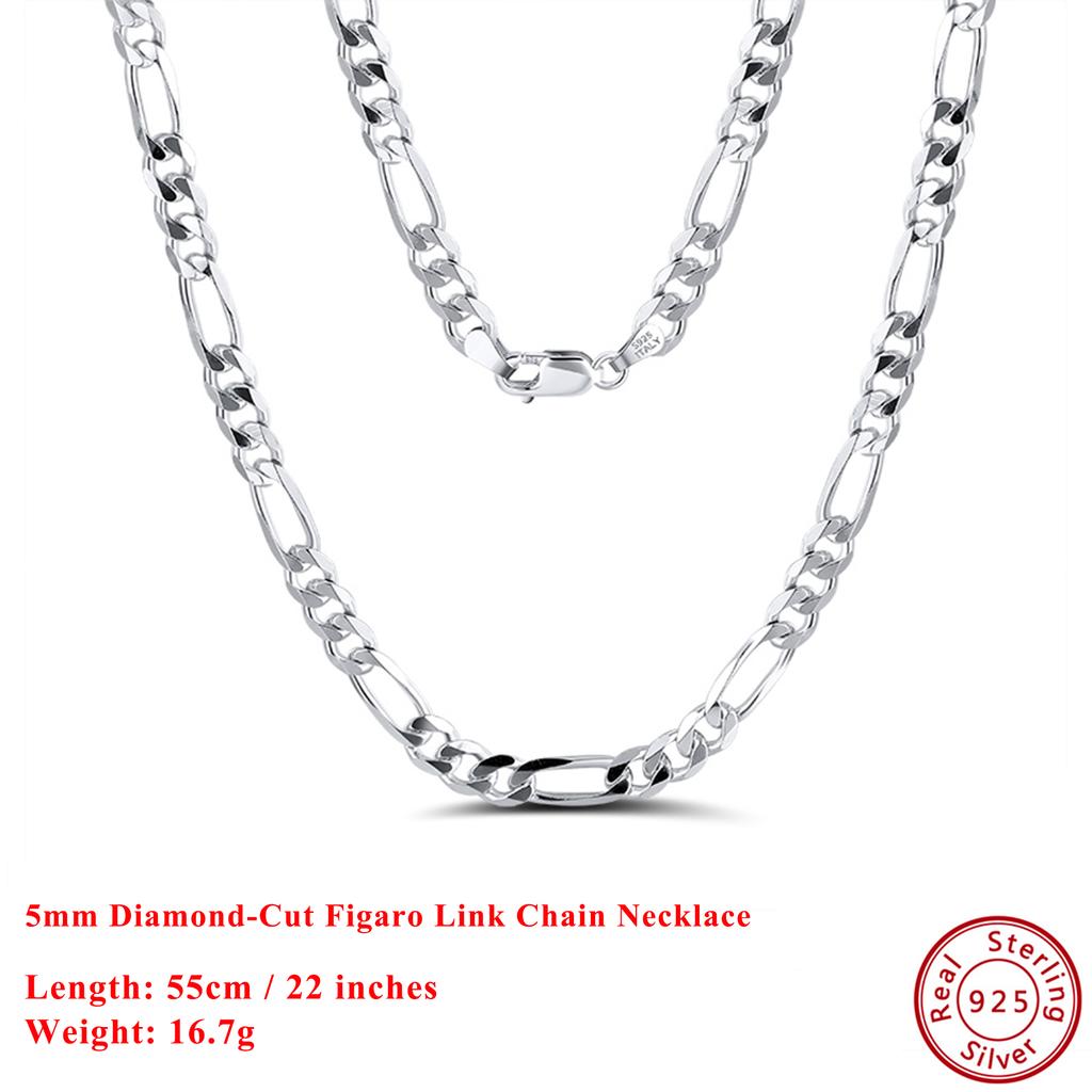 Effie Queen Italy Real 925 Silver Diamond-Cut Figaro Chain Necklace 5mm Wide 40-60cm Long Woman Man Neck Chain Jewelry Gift SC34