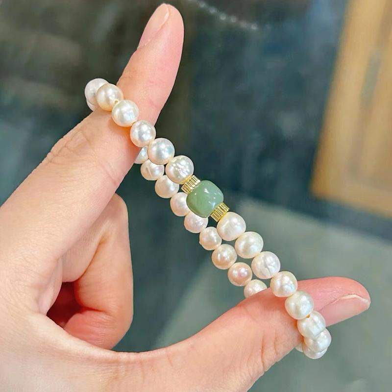 Freshwater Pearl Hetian Jade Beaded Bracelet, Dainty Green Jade Pearl Strand Bracelets for Women, Elegant Minimalist Daily Jewelry Gift