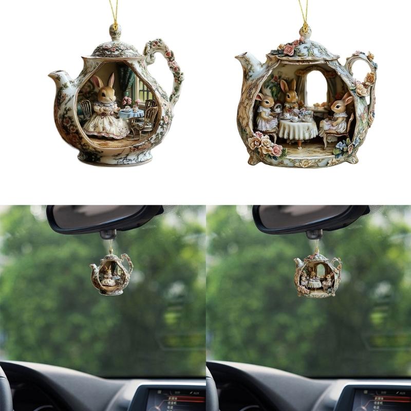 Fun Rabbit In Teacup Keychain Pendant Hanging Ornament Acrylic Window Decoration For Decorative Enhancement