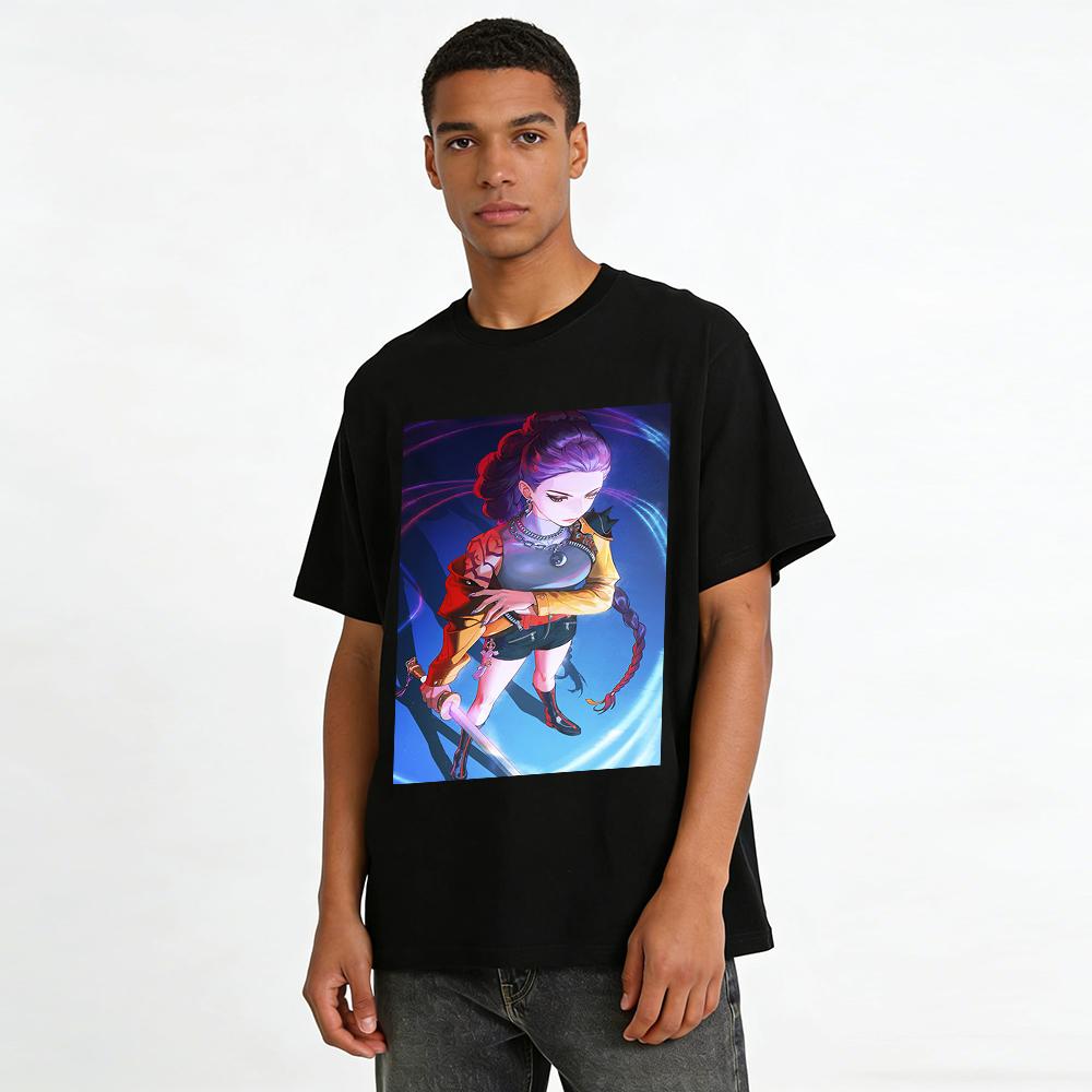 Cyberpunk Cool Sword Girl Print Trendy T-shirt Street Fashion Loose Comfortable Cotton Short Sleeve Pure Cotton T-shirt
