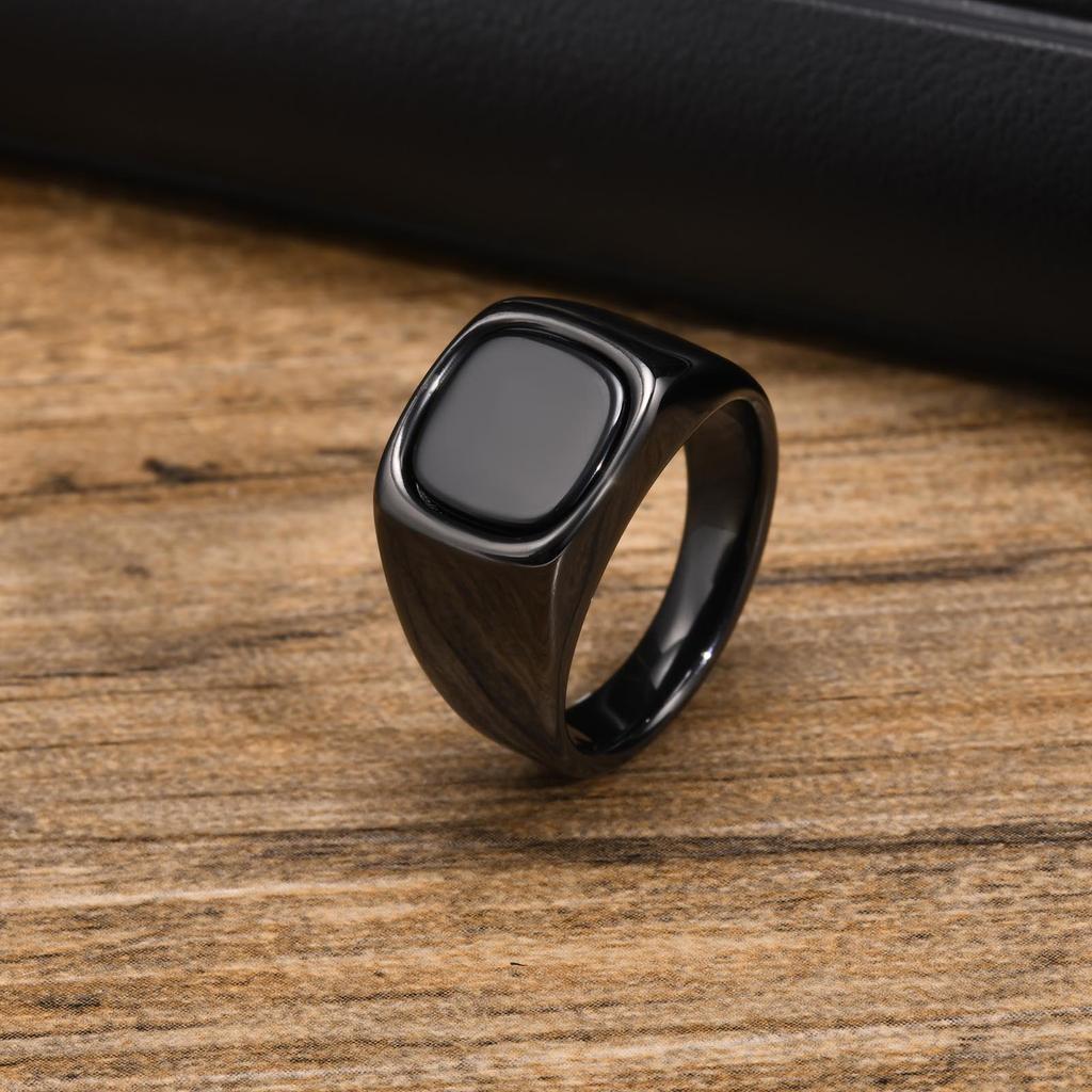 Stylish Black Stone Rings for Men Boys,Waterproof Stainless Steel Geometric Square Ring Signet Ring,Jewelry Gifts for Him