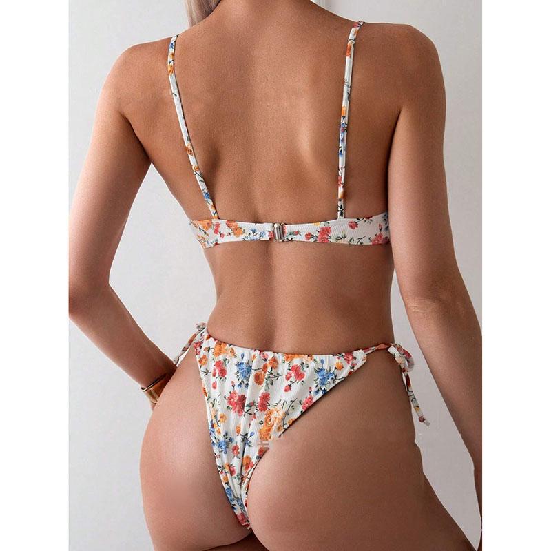 Maillots de bain de plage pour femmes, ensemble bikini imprimé floral, soutien-gorge push-up, ensemble fendu, bikini sexy deux pièces d'été