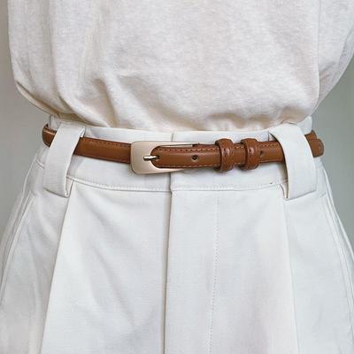 Retro Simple Wild Thin PU Leather Belt Female Girl Solid Color Gold Metal Buckle Chic Waist Belts Jeans Pants Decor Waistbands