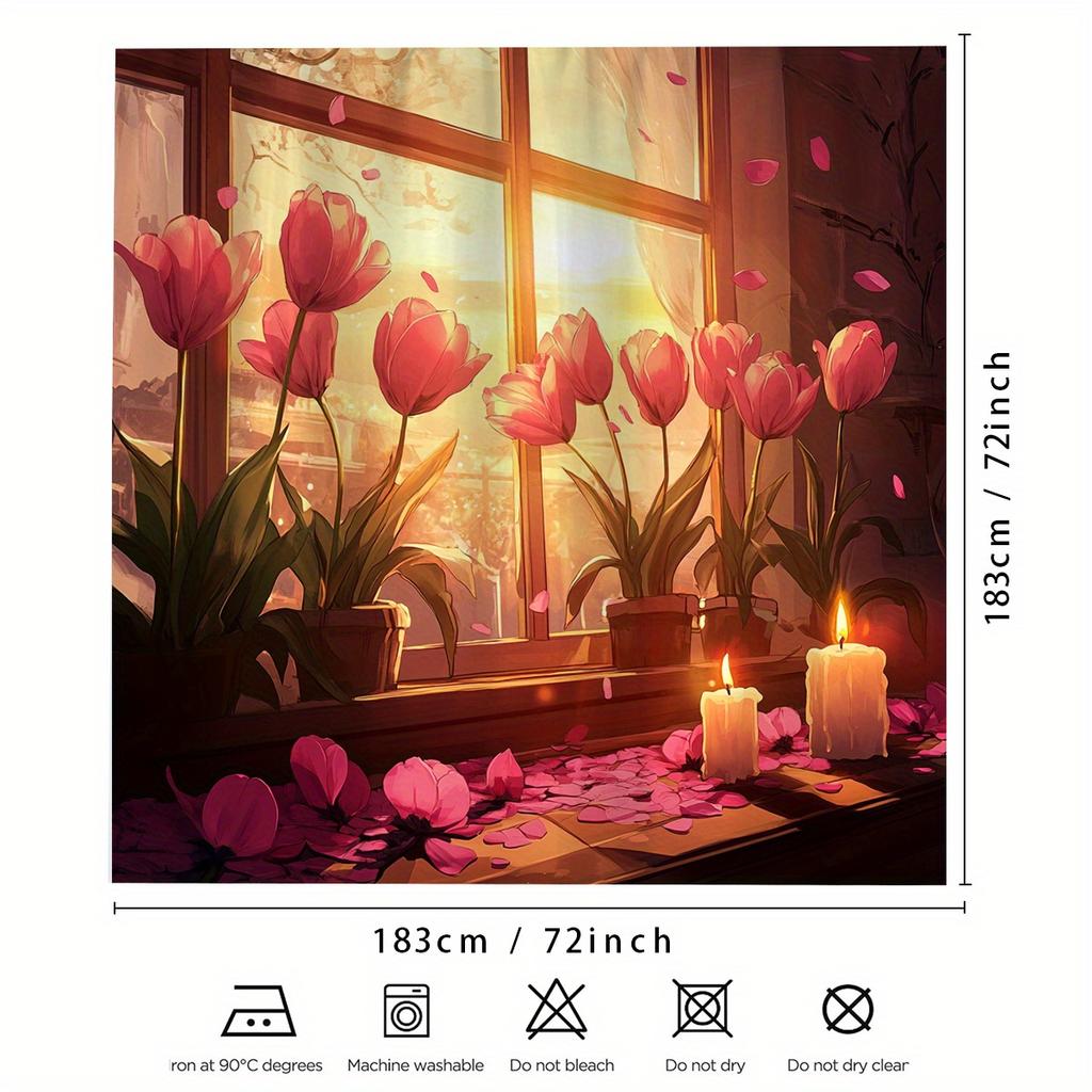 1Pc Floral Balcony Scene Polyester Shower Curtain With Hooks - Machine Washable, Digital Print, Elegant Home Decor For All Seaso