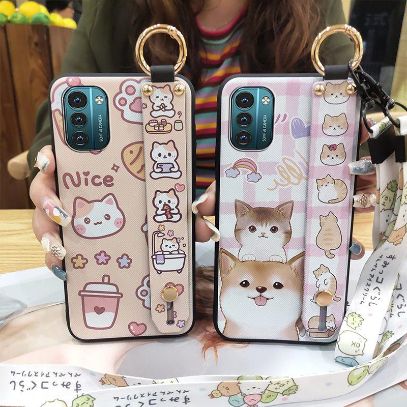 Lanyard Cute Phone Case For Nokia G11/G21 Cartoon Wrist Strap Shockproof Silicone Protective Kickstand Dirt-resistant