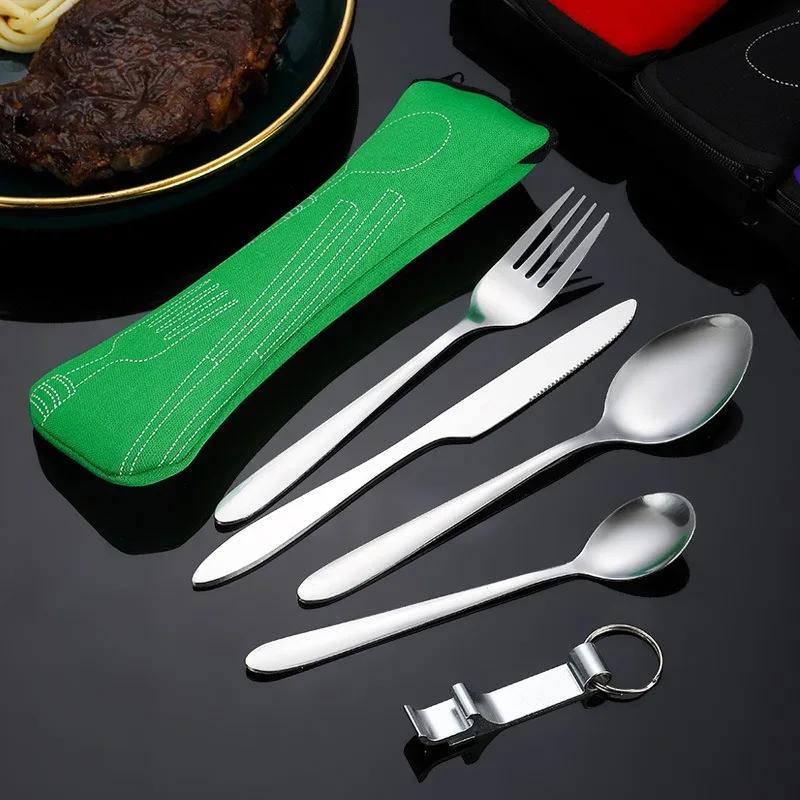 5 stk Beinpakke Utendørs Reise Bærbart Bestikk Kniv, Gaffel, Skje Sett, Rustfritt Stål Kniv, Gaffel Sett Hot Selling