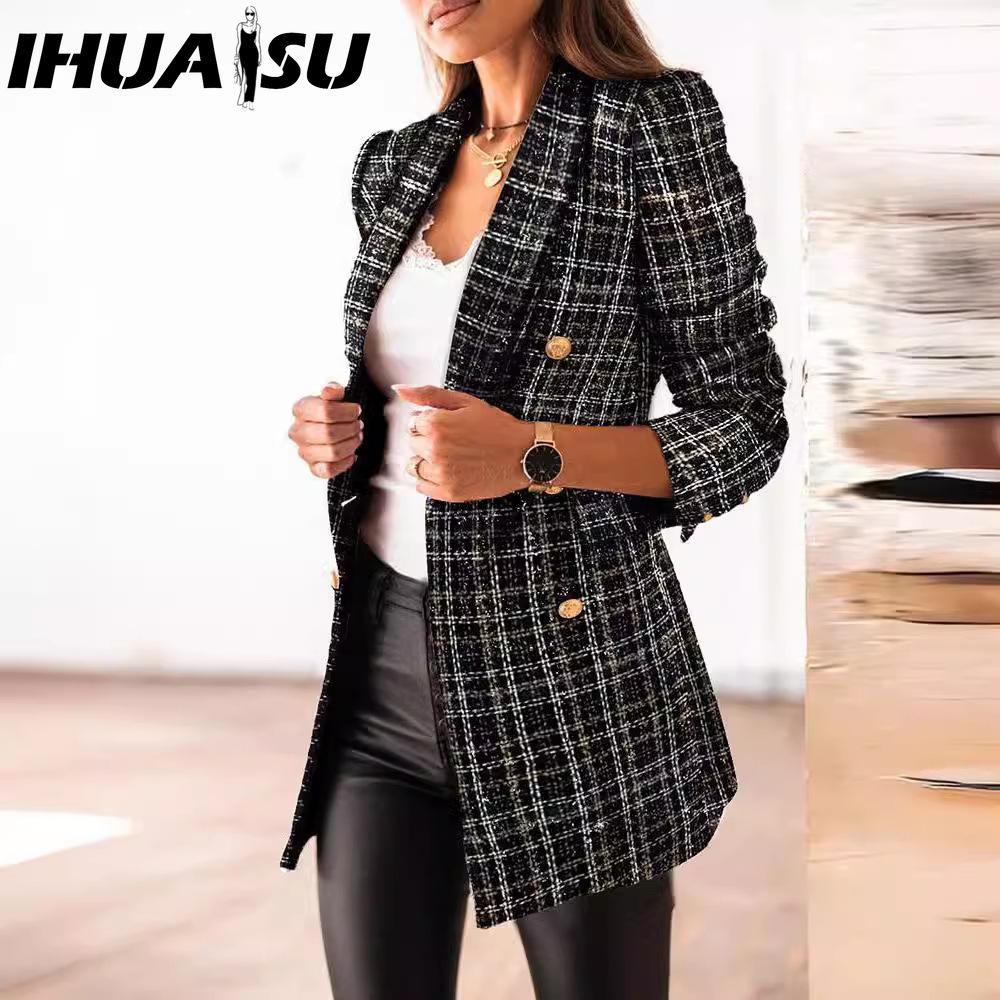 

IHUASU Женские винтажные повседневные куртки и пальто с клетчатым принтом, с длинным рукавом, с воротником поло, на осень-зиму XXXL